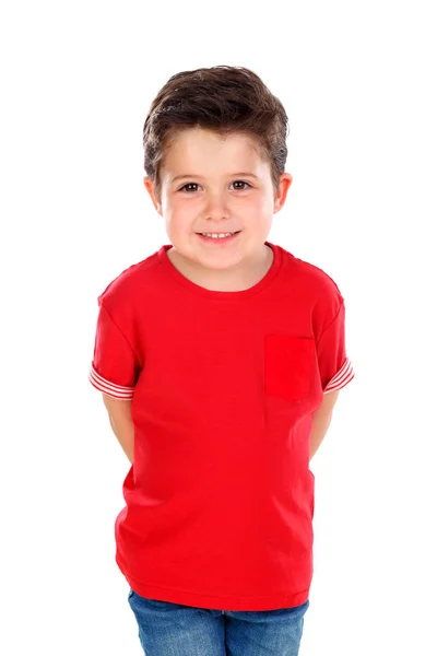Bonito Feliz Menino Vermelho Shirt Posando Isolado Branco Fundo — Fotografia de Stock
