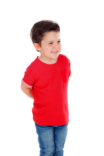 cute happy boy in red t-shirt posing isolated on white background