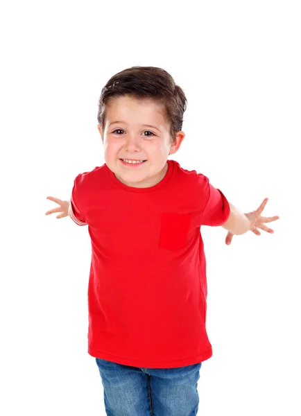 Bonito Feliz Menino Vermelho Shirt Posando Isolado Branco Fundo — Fotografia de Stock