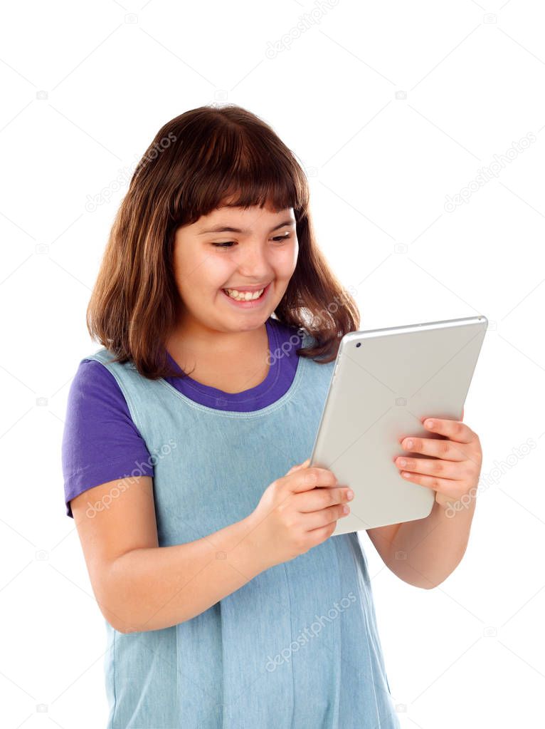 cute smiling little girl holding tablet pc isolated on white background