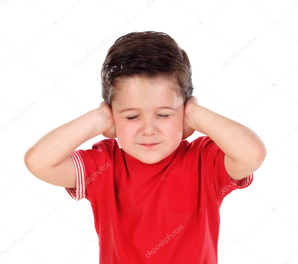 cute boy in red t-shirt covering his ears isolated on white background