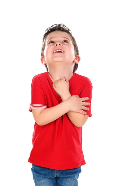 Niedlicher Glücklicher Junge Rotem Shirt Der Sich Etwas Isoliertes Auf — Stockfoto