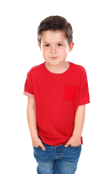 Bonito Menino Pensativo Vermelho Shirt Posando Isolado Fundo Branco — Fotografia de Stock