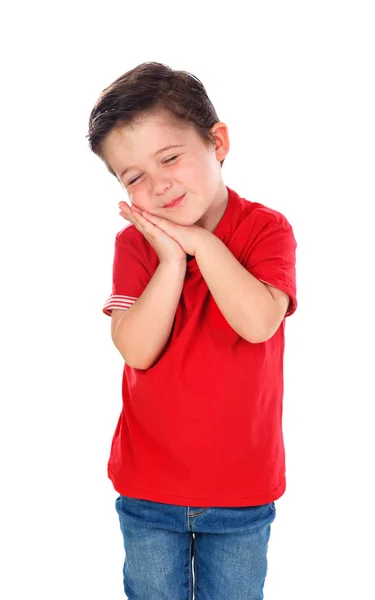 Bonito Sonolento Menino Vermelho Shirt Posando Isolado Branco Fundo — Fotografia de Stock