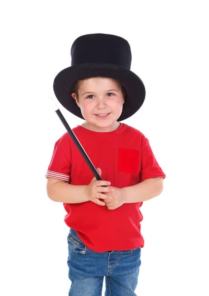 Roztomilý Chlapec Dělá Kouzla Cylindr Kouzelná Hůlka Izolovaných Bílém Pozadí — Stock fotografie