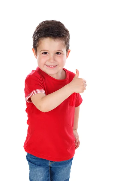 Niedliche Glückliche Junge Rotem Shirt Zeigt Daumen Nach Oben Isoliert — Stockfoto