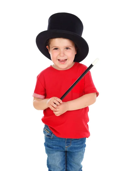 かわいい男の子にシルクハット 白い背景で隔離の魔法の杖の魔法 — ストック写真