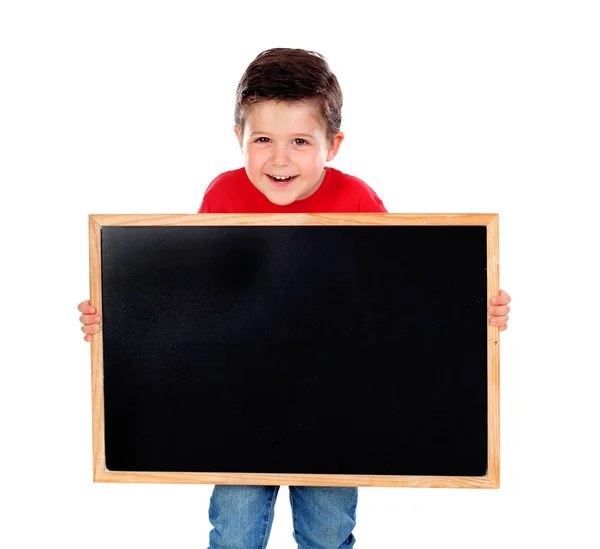 Felice Bambino Camicia Jeans Mostrando Lavagna Scuola Vuota Isolato Sfondo — Foto Stock