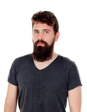 beyaz bir arka plan üzerinde izole kamera bakarak uzun sakallı