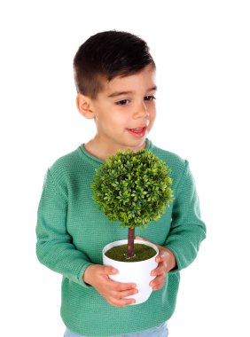 Beyaz arka plan üzerinde izole pot bitki tutan yeşil giysili küçük boy gülümseyerek