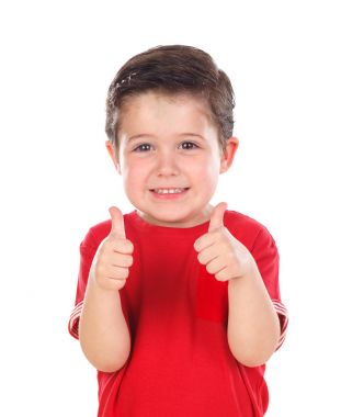 kırmızı t-shirt gösteren izole üzerinde beyaz arka plan Yaşasın şirin mutlu çocuk