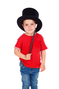 Silindir şapka ve beyaz arka plan üzerinde izole sihirli değnek ile sihir yapıyorsun şirin çocuk