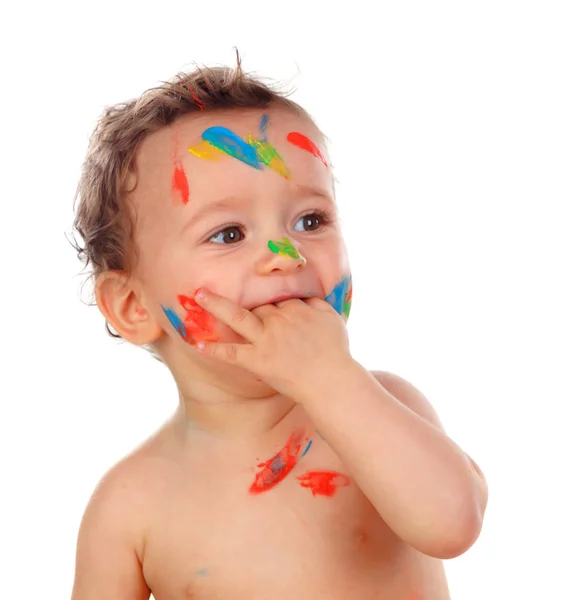 Schattig Gelukkig Jongetje Met Slordig Gezicht Bedekt Met Verf Geïsoleerd — Stockfoto