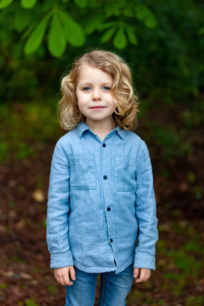 Happy Little Boy Long Blond Hair Enjoying Nature — Stock Photo, Image