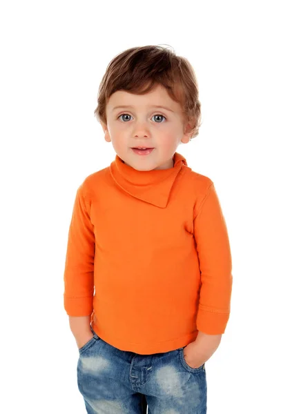 Adorable Baby Boy Orange Jersey Isolated White Background — Stock Photo, Image