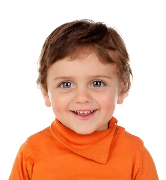 Entzückender Kleiner Junge Orangefarbenem Jersey Auf Weißem Hintergrund — Stockfoto