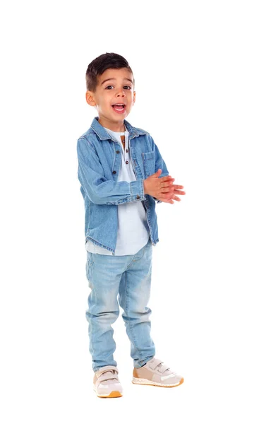 Улыбающийся Мальчик Джинсовой Одежде Хлопающие Ладоши Изолированные Белом Фоне Полной — стоковое фото