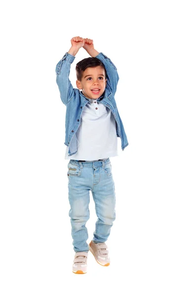 Garotinho Sorridente Roupas Jeans Dançando Isolado Fundo Branco — Fotografia de Stock