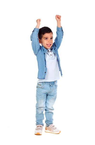 Улыбающийся Мальчик Джинсовой Одежде Танцует Белом Фоне — стоковое фото