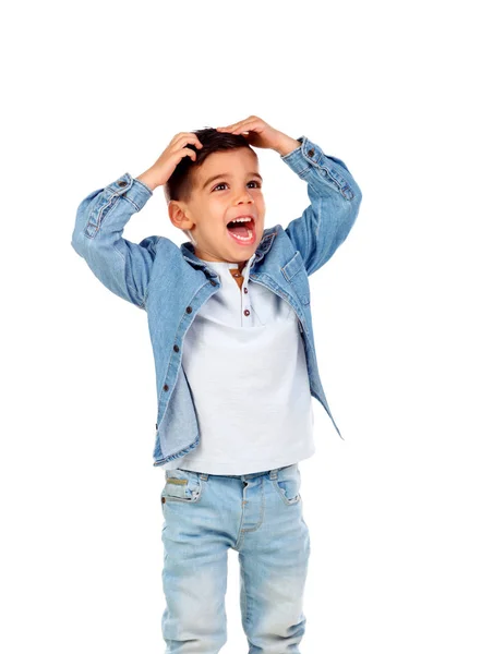 Niño Sorprendido Ropa Mezclilla Posando Aislado Sobre Fondo Blanco — Foto de Stock