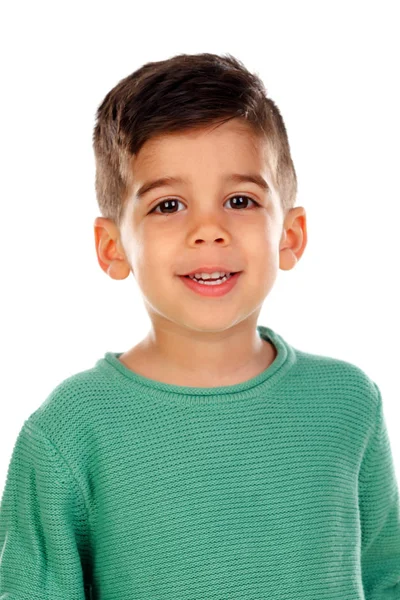 Niño Sonriente Con Ropa Verde Aislado Sobre Fondo Blanco —  Fotos de Stock