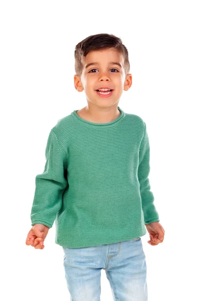 Uśmiechający Się Mały Chłopiec Zielone Ubrania Białym Tle — Zdjęcie stockowe