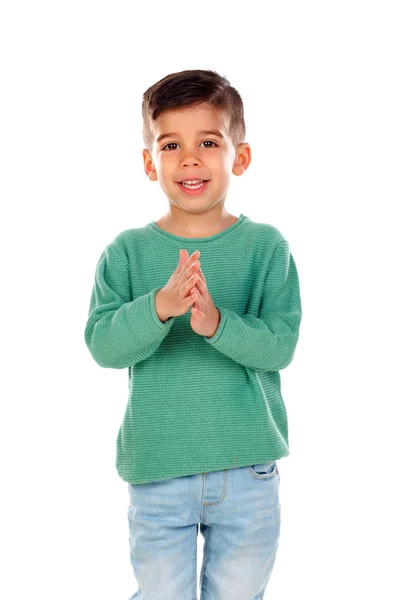 Sonriente Niño Aplaudiendo Manos Aisladas Sobre Fondo Blanco Longitud Completa — Foto de Stock