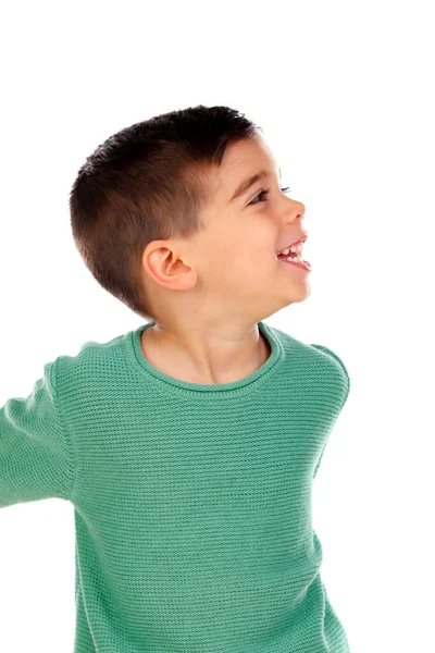 Glimlachend Jongetje Groene Kleren Geïsoleerd Witte Achtergrond — Stockfoto