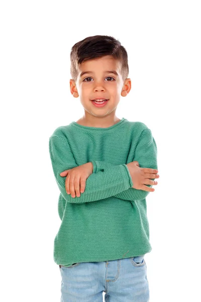 Leuke Grappige Jongen Met Gekruiste Armen Geïsoleerd Witte Achtergrond — Stockfoto