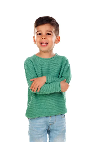 Χαριτωμένο Αστείο Αγόρι Χέρια Σταυρωμένα Απομονώνονται Λευκό Φόντο — Φωτογραφία Αρχείου