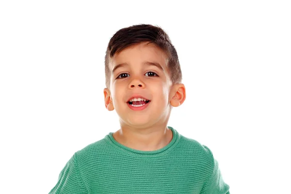 Усміхнений Маленький Хлопчик Зеленому Одязі Ізольований Білому Тлі — стокове фото