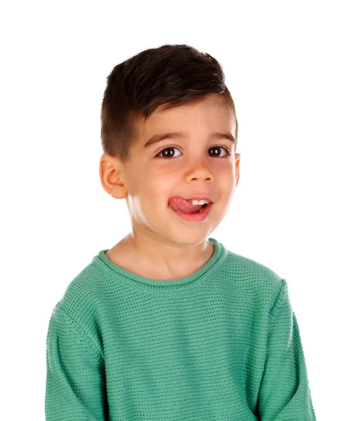 Niño Sonriente Con Ropa Verde Aislado Sobre Fondo Blanco —  Fotos de Stock