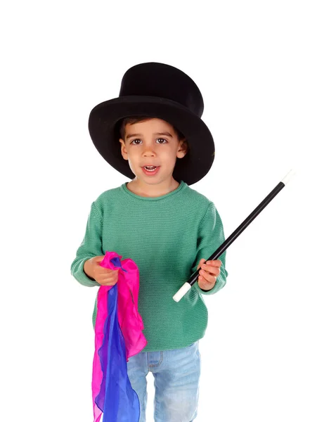 Menino Bonito Fazendo Magia Com Chapéu Superior Pano Colorido Varinha — Fotografia de Stock