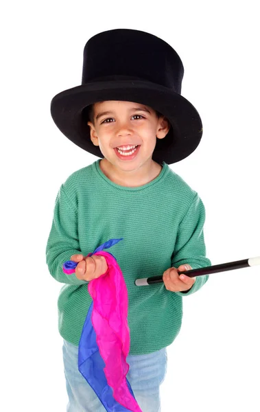 Lindo Chico Haciendo Magia Con Sombrero Copa Tela Colorida Varita — Foto de Stock