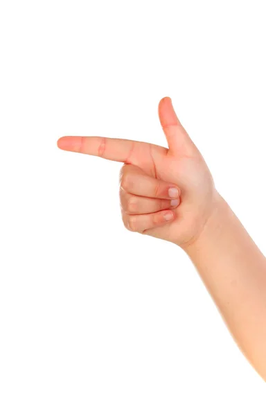 Kinderhand Zeigt Vereinzelt Nach Links Auf Weißem Hintergrund — Stockfoto