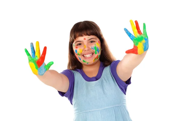 Смешная Девушка Лицом Руками Покрытые Краской Изолированы Белом Фоне — стоковое фото