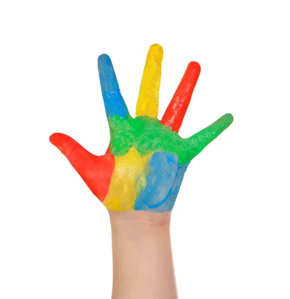 Child Hand Showing Palm Covered Colorful Paint Isolated White Background — Stock Photo, Image