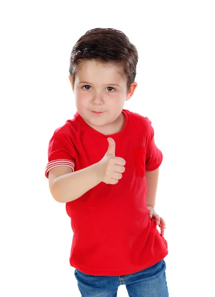 Schattige Gelukkige Jongen Rode Shirt Weergegeven Duim Omhoog Geïsoleerd Witte — Stockfoto