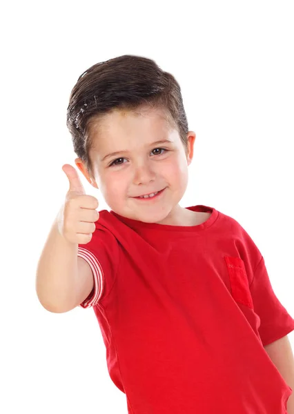 Schattige Gelukkige Jongen Rode Shirt Weergegeven Duim Omhoog Geïsoleerd Witte — Stockfoto