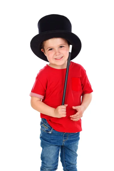 Leuke Jongen Doet Magie Met Hoge Hoed Toverstaf Geïsoleerd Witte — Stockfoto