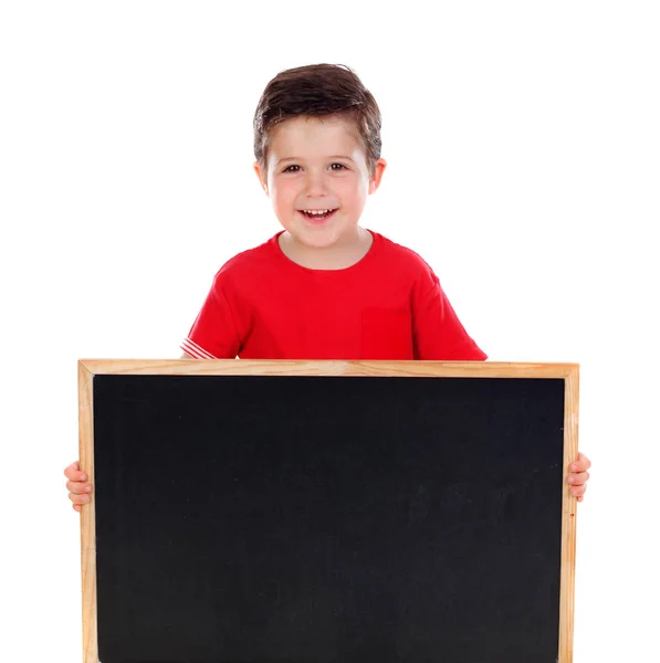 Menino Feliz Camisa Jeans Mostrando Escola Branco Quadro Negro Isolado — Fotografia de Stock