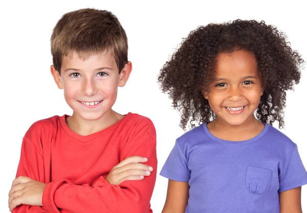 Χαριτωμένο Ευτυχισμένο Λίγο Αγόρι Και Κορίτσι Που Απομονώνονται Λευκό Φόντο — Φωτογραφία Αρχείου