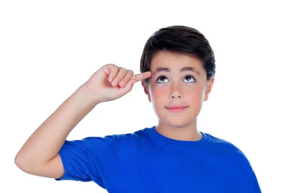 Nadenkend Jongen Die Zich Voordeed Witte Achtergrond — Stockfoto