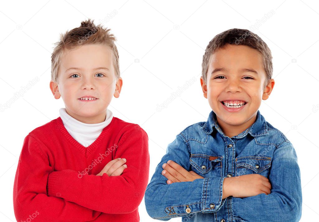 two cute little boys with arms crossed isolated on white background