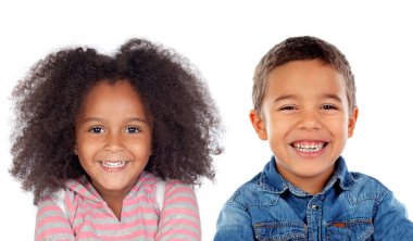 şirin mutlu küçük Afrikalı çocuk ve kız izole beyaz arka plan üzerinde