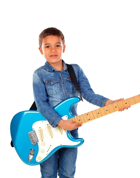 Sorrindo Menino Africano Tocando Guitarra Azul Elétrica Isolada Fundo Branco — Fotografia de Stock