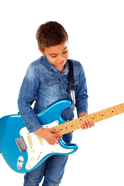 Sorrindo Menino Africano Tocando Guitarra Azul Elétrica Isolada Fundo Branco — Fotografia de Stock