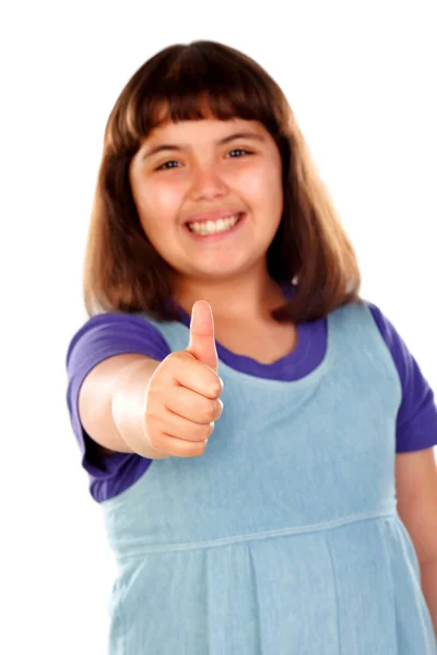 Bonito Sorrindo Menina Mostrando Polegar Para Cima Isolado Fundo Branco — Fotografia de Stock