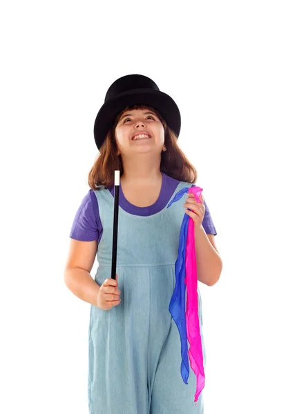 Graziosa Bambina Facendo Magia Con Cappello Cilindro Bacchetta Magica Panno — Foto Stock