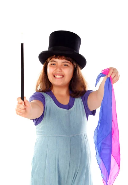 Menina Bonita Fazendo Magia Com Chapéu Superior Varinha Mágica Pano — Fotografia de Stock